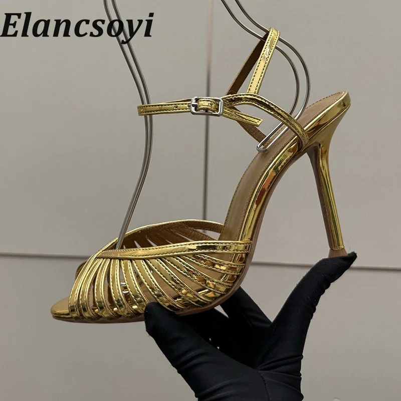 Women's summer leather hollow-out solid-color low-heeled sandals slim-fitting high-heeled fashionable banquet shoes for summer