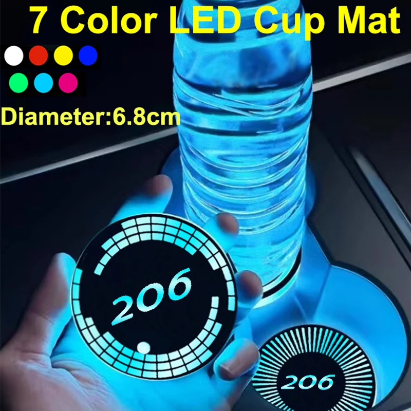 7 Colorful Intelligent LED Cup Mat Pad Car Water Coaster For Peugeot 206 Emblem Drinks Holders USB Charging Atmosphere Light