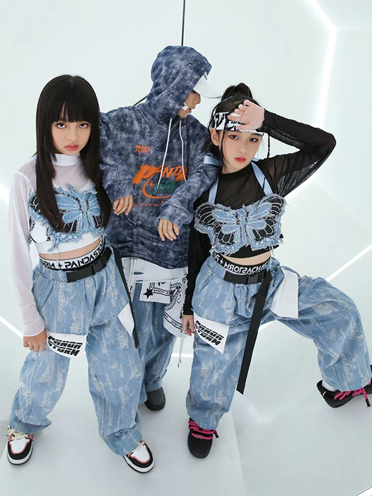 Traje de baile con capucha para niños, ropa de actuación en escenario, Kpop, Hip Hop, chaleco vaquero para niñas, pantalones para niños, Tops de Jazz