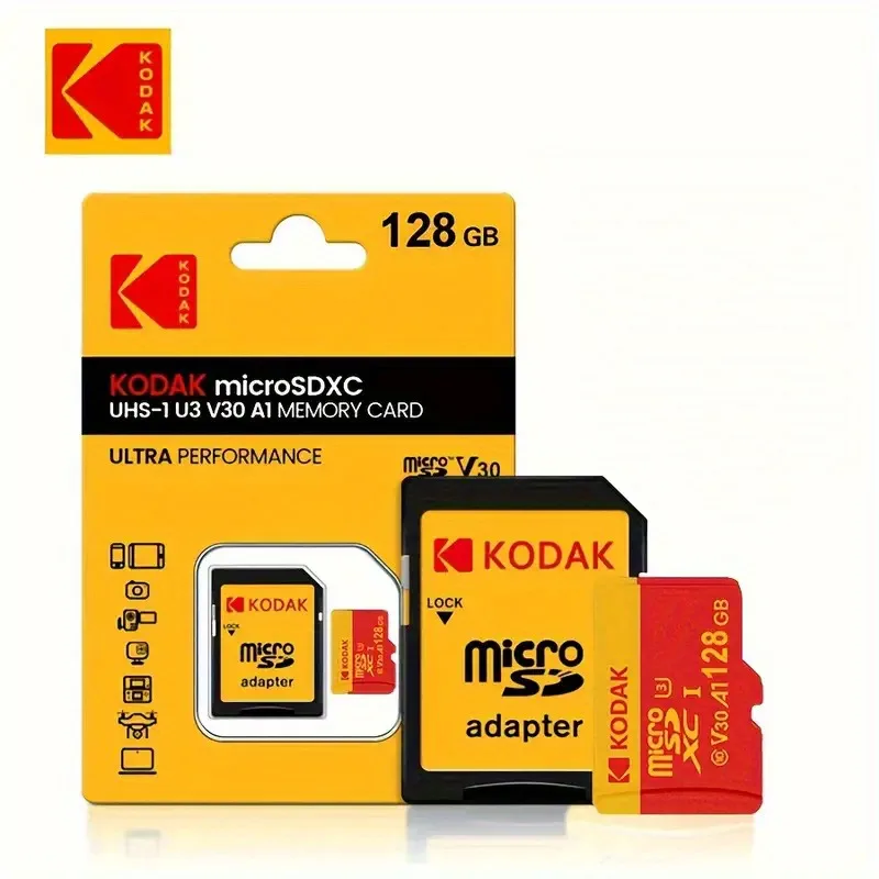 Kodak 고속 마이크로 SD 카드, U3 클래스 10, 최대 100 MB/s, TF 메모리 카드, 어댑터 포함, 32GB, 64GB, 128GB 사용 가능 