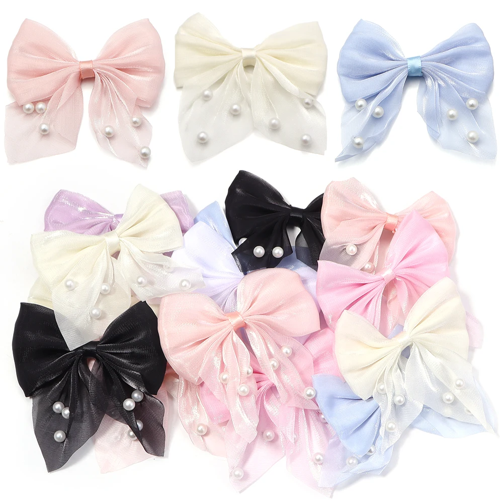 6pcs Pearlescent Satin Gauze Bows Sweet Pearl Bowknot For Jewelry Making DIY Women Girls Headwear Clothes Sewing Accessories