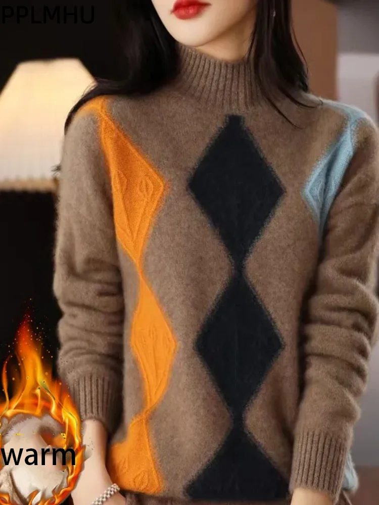 

Thickened Plaid Fleece Knitted Sweater Half High Collar Women's Casual Baggy Pullovers Korean Fashion Loose Knitwear Sueter