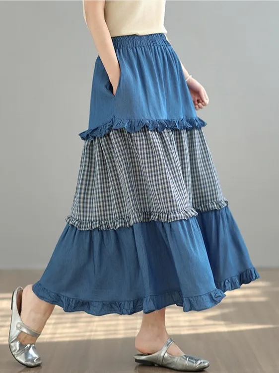 

Plaid Patchwork Wooden Ear Denim A-Line Skirt plus Size Women's Spring Slimming Elastic Waist Midi Length f Body Skirt
