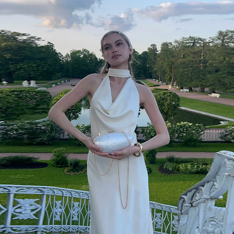 

Elegant Satin Pearl Lace Up Maxi Dress Backless Slim Fit Party Long Robes Chic High Collar Hollow Out Vest 2025 Women Dresses