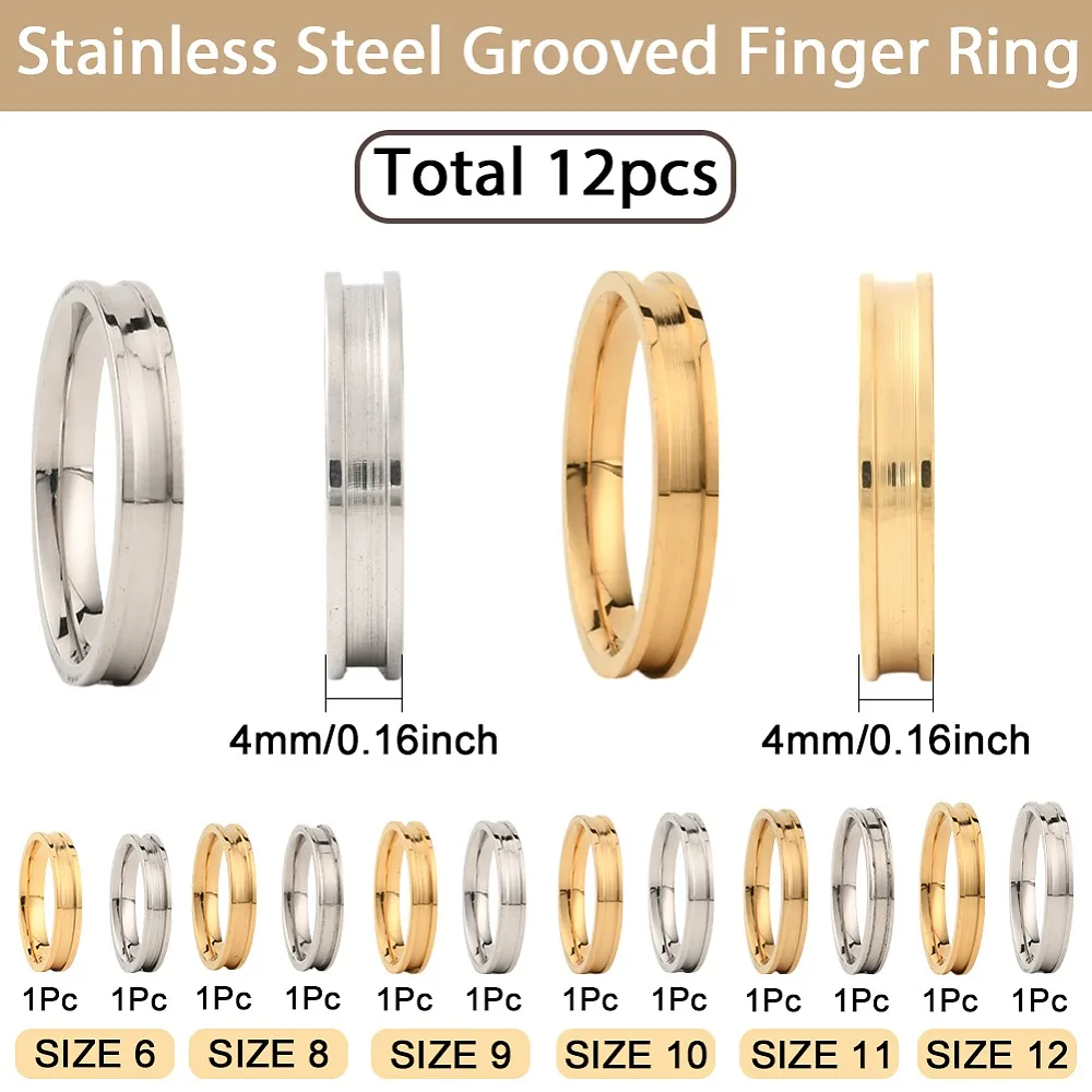 12Pcs 12 Styles 201 Stainless Steel Grooved Finger Ring Settings Ring Core Blank for Inlay Ring Jewelry Making