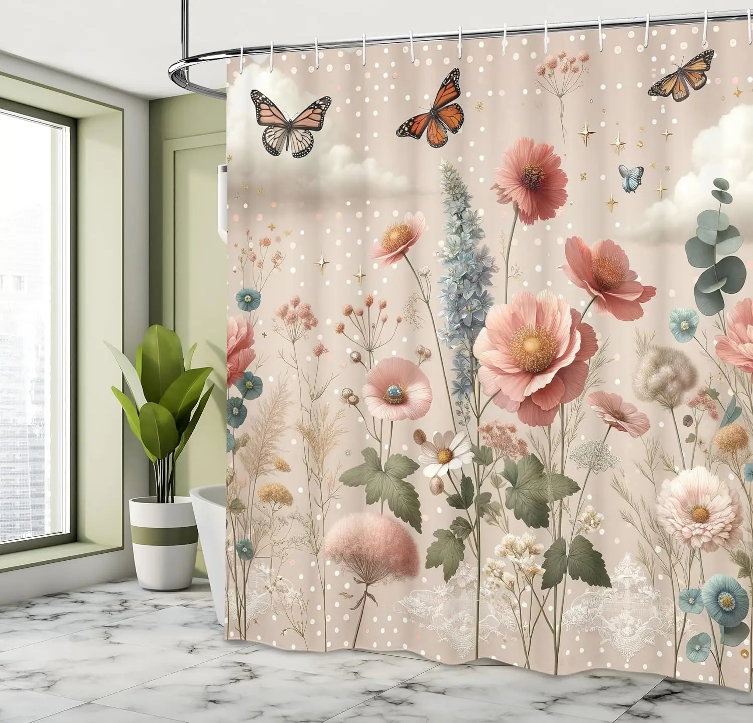 

Занавеска для душа с цветочным эвкалиптом, весенний цветочный эффектный сад с лепестками и бабочками, тканевая ванная комната