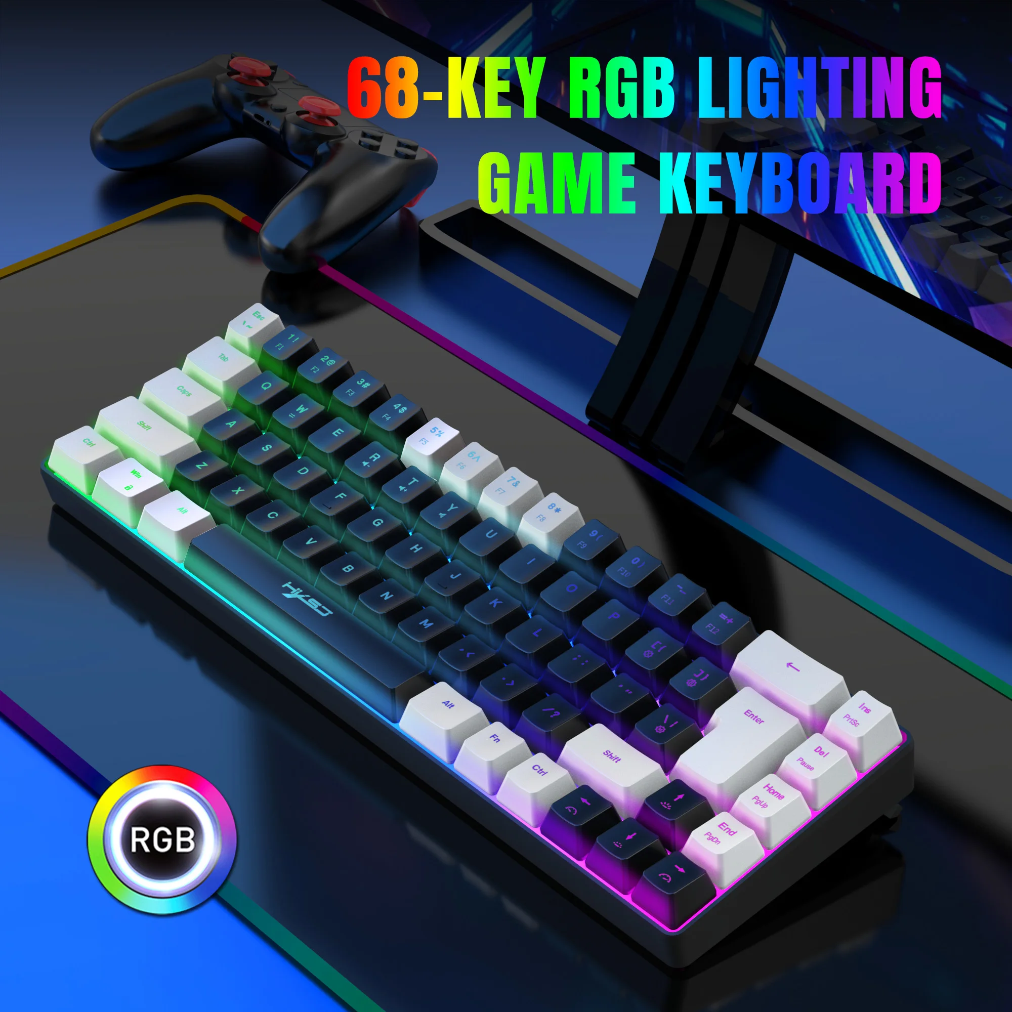 68 Keys Gaming Keyboard USB Wired Portable 20 RGB Backlight Keyboard Black and White Keycaps for Windows Laptops Computer