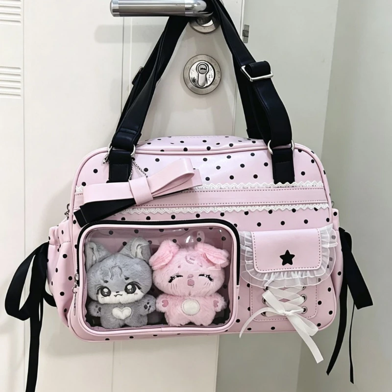 

Сумка Ita Bag в горошек с кружевным бантом, женская, с прозрачным карманом, на плечо и в руку, двойного назначения, в стиле Лолита, для повседневных поездок