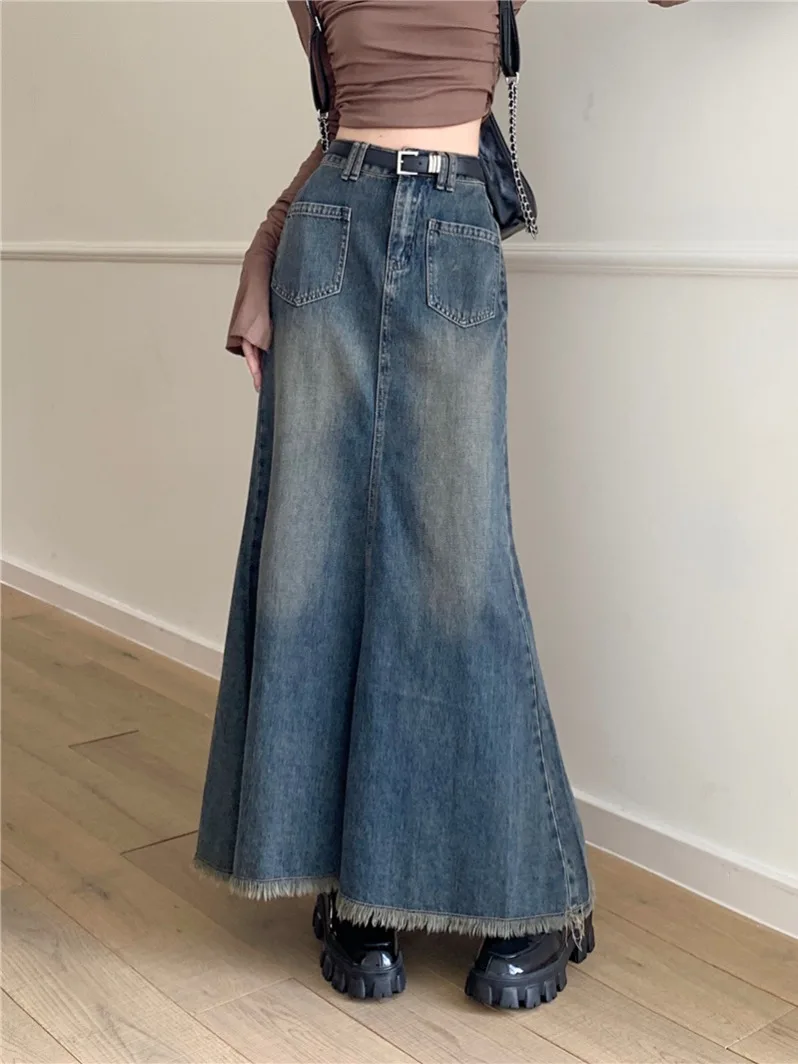 

Women Blue Denim Skirt Y2k Elegant A-Line Trumpet Skirt Harajuku Korean Vintage Fashion 90s High Waist Jean Skirts 2000s Clothes