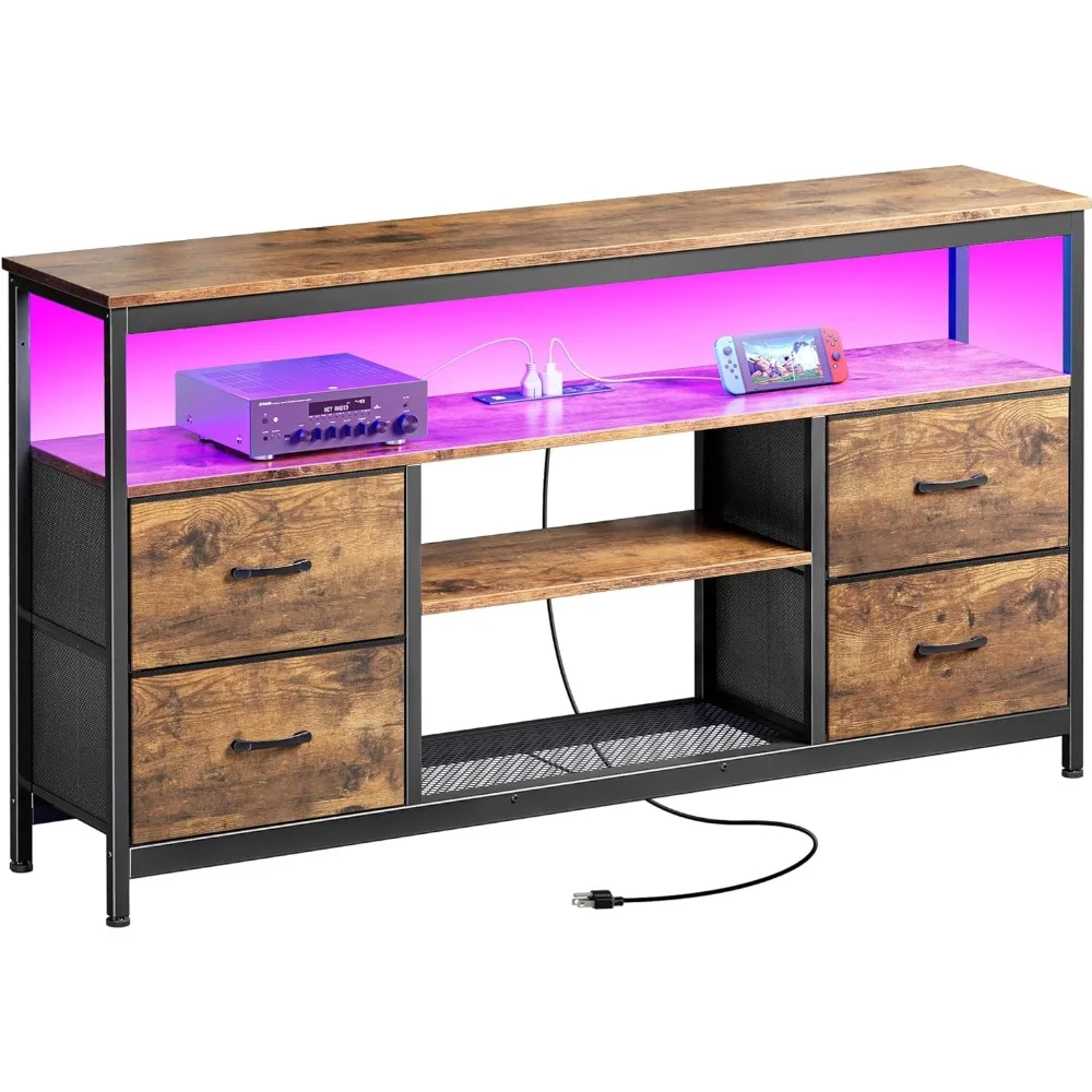 

TV Stand Dresser with Power Outlets and LED Lights, 4 Drawers Entertainment Center with Shelves, 54 Inch Media Console