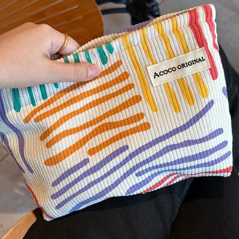 Colorful Stripe Zipper Bag Portable Travel Toiletry Cosmetic Pouch Skincare Sundries Makeup Storage Women Handbag Large Capacity