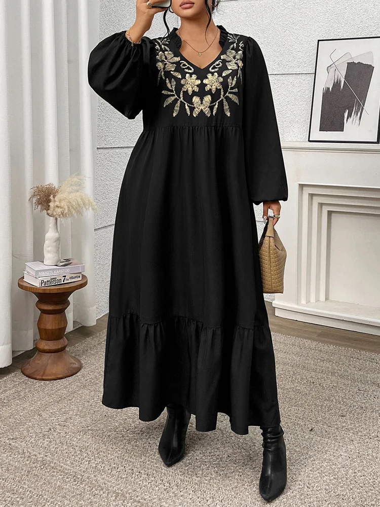 GIBSIE Plus Größe Vintage Stickerei V-ausschnitt Laterne Hülse Rüschen Saum Kleid Frauen 2025, Herbst Schwarz Casual Lose Maxi Langes Kleid