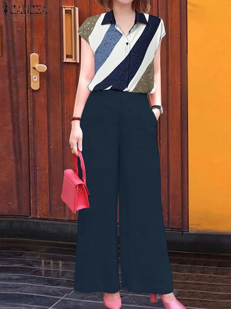 

ZANZEA Woman Fashion 2pcs Outfits Color-Block Printed Short Sleeve Shirts Wide Leg Pants Loose Casual Pant Sets 2 Pieces Sets