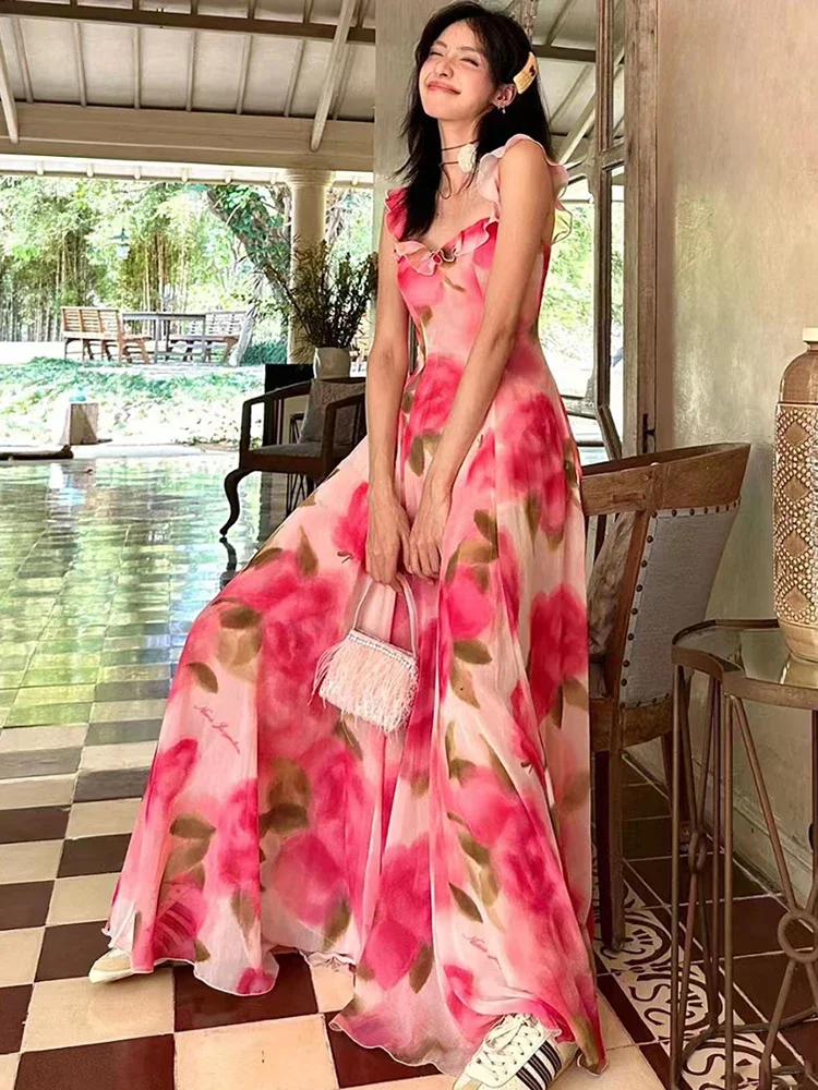 GypsyLady Floral Printed Maxi Dress Pink Elegant Chic Tank Deep V Sexy Boho Summer Women Vocation Ruffles Ladies Dresses Vestido