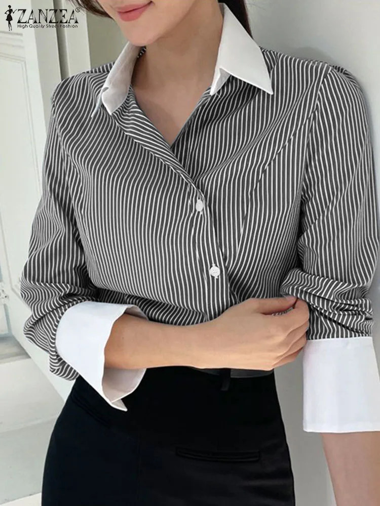 Fashion Women Long Sleeve Striped Shirt Autumn Elegant Lapel Neck Patchwork Blouse ZANZEA Casual OL Work Tops Irregular Blusas