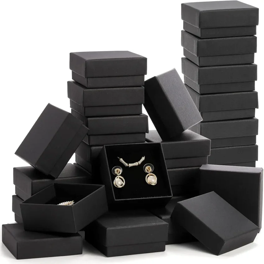 32Pcs-7x7x2.5cm Black Kraft Jewelry Gift Box Cardboard Ring Necklace Earring Packaging Organizer Boxes Case With Sponge Inside