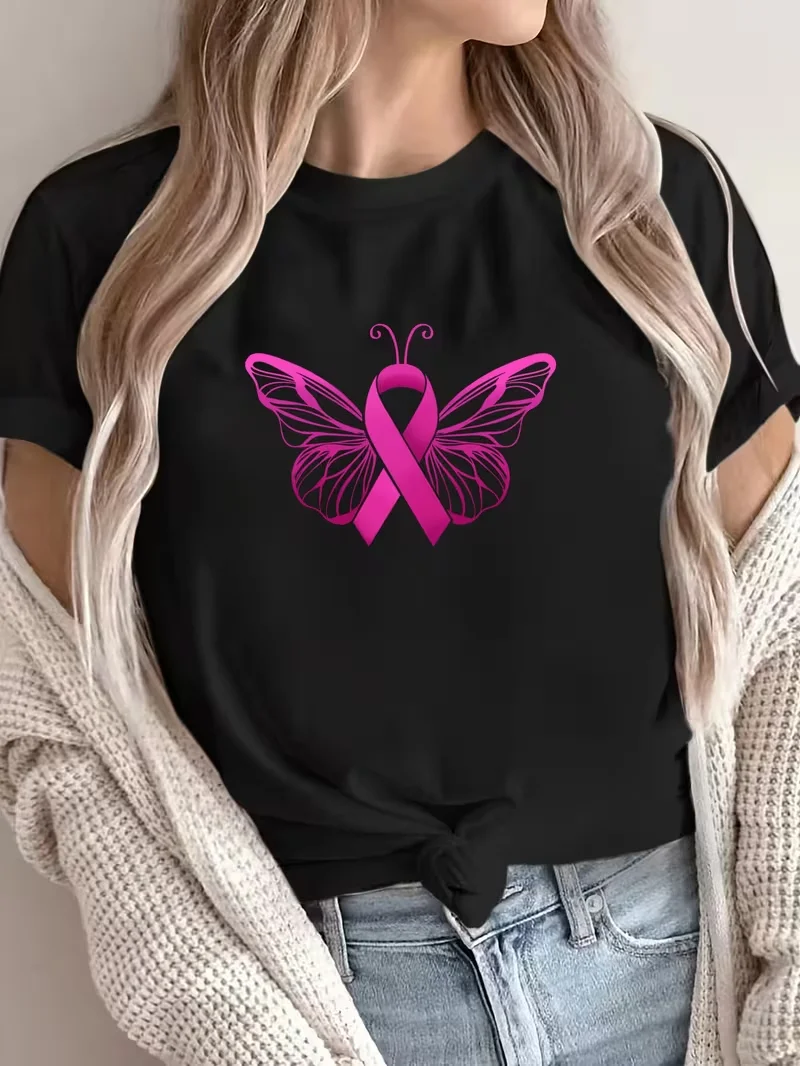 

Women's casual polyester T-shirt, breast cancer awareness butterfly printed short-sleeve crew neck top