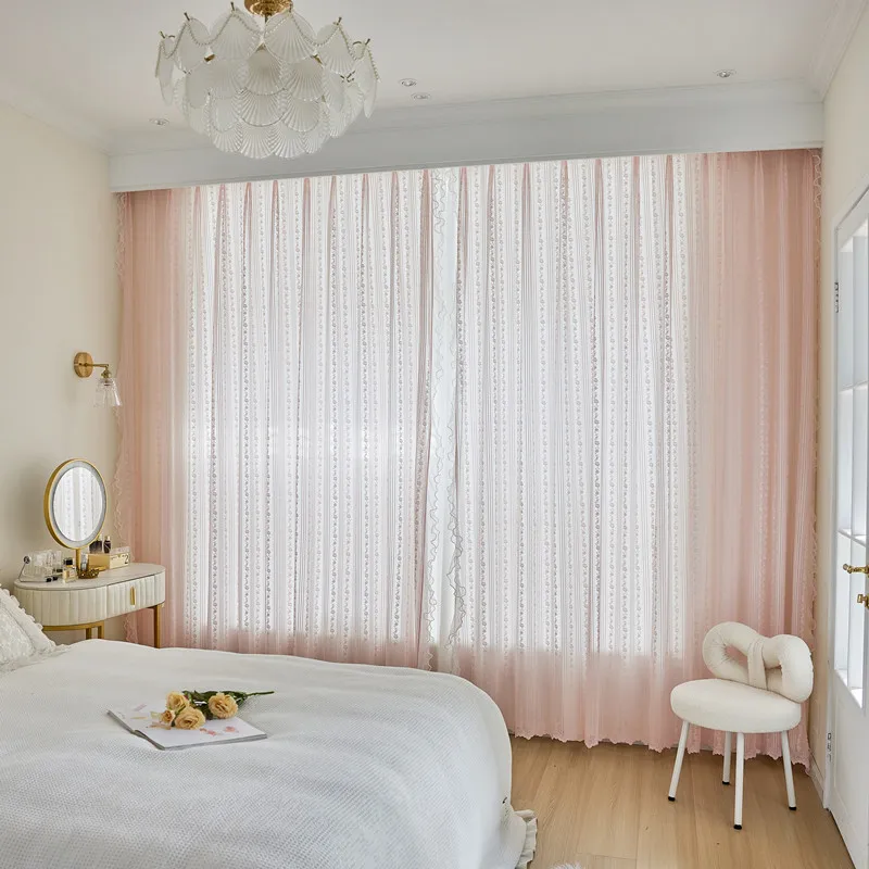 Pink Vertical Striped Rose Flower Lace With White Pearl Ruffled Tulle Curtains For Living Room Romantic Princess Bedroom Drapes