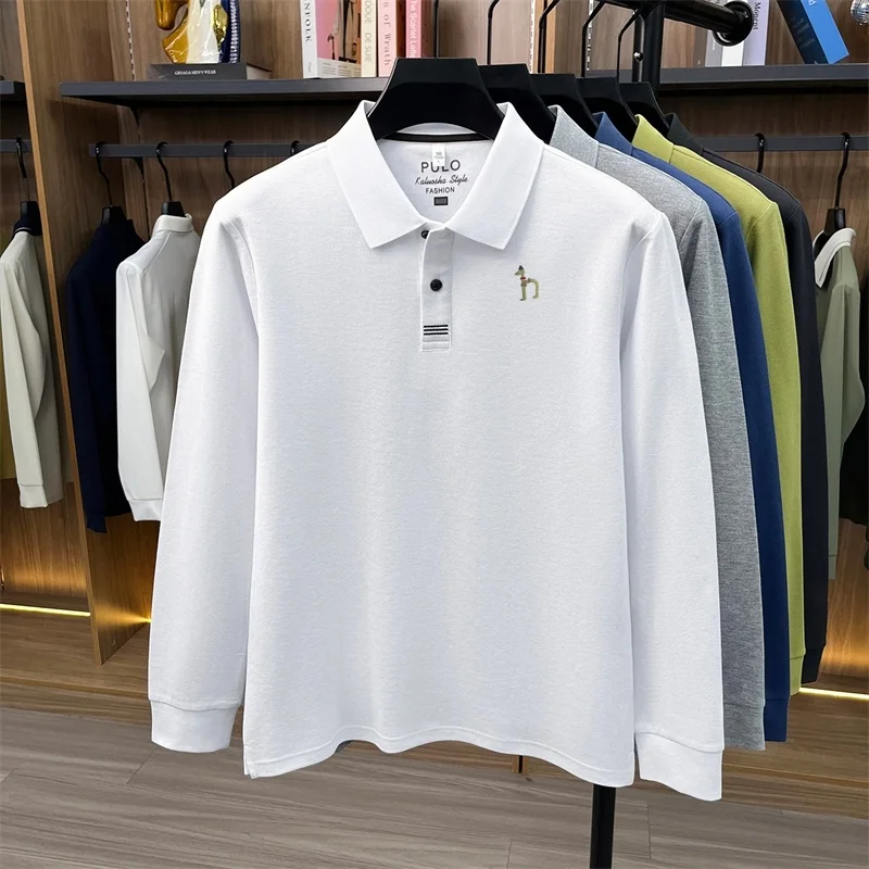 Luxus-Marken-Poloshirt für Herren aus 100% Weicher Baumwolle, Herbst-Neuheit, Einfarbig Bedruckt, Langarm, Revers-T-Shirt, Lässige Business-Herrenbekleidung – Detail 6