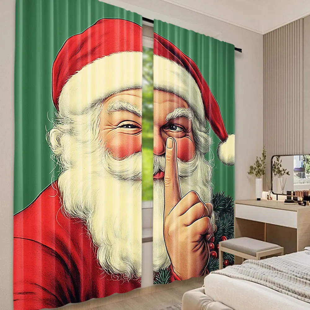 

2Pcs Christmas Curtains Vintage Cute And Naughty Santa Claus Green Curtains Suitable For Bedroom Living Room Dining Room Holiday