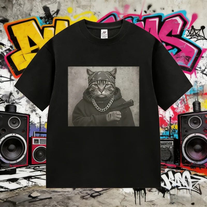 

2025 Summer Funny Cat Graphic Print T Shirt Gang Cat Cool Hip Hop Men's Vintage High Quality 100% Pure Cotton Printed T-shirt