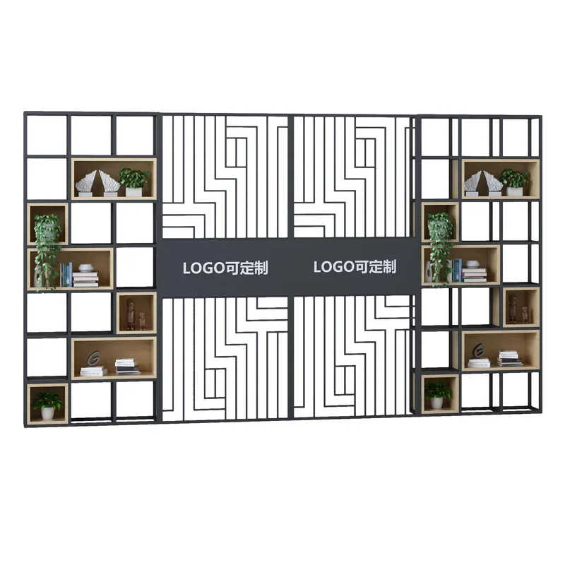 Screen partition decorative shelf solid wood bookshelf modern office entrance wrought iron flower stand display stand image wall