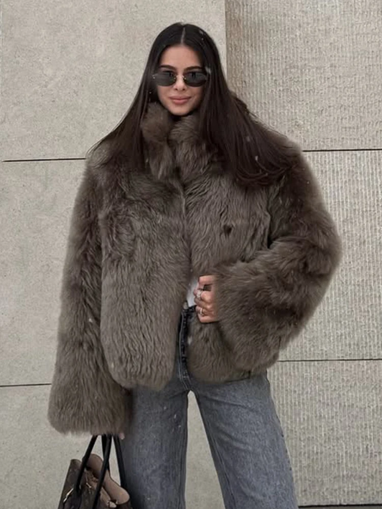 Women\'s Luxury Stand Collar Fack Fur Coat Fashion Long Sleeve High Street Short Jacket 2025 Elegant New Daily Commute Outerwears