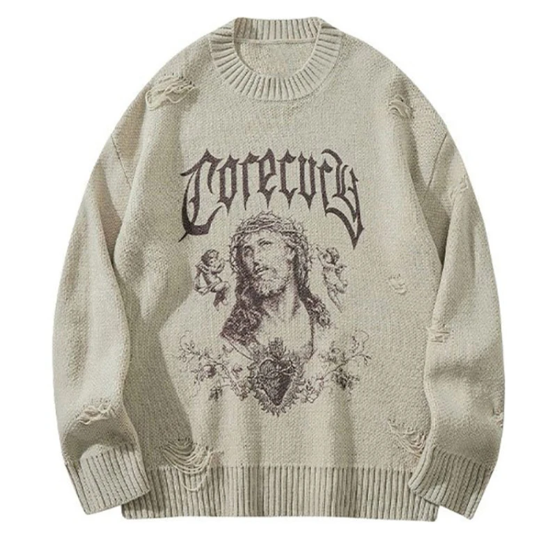 

Y2K autumn and winter high street torn sweater Gothic pattern Harajuku streetwear knitted jumper men's oversized couple hip-hop