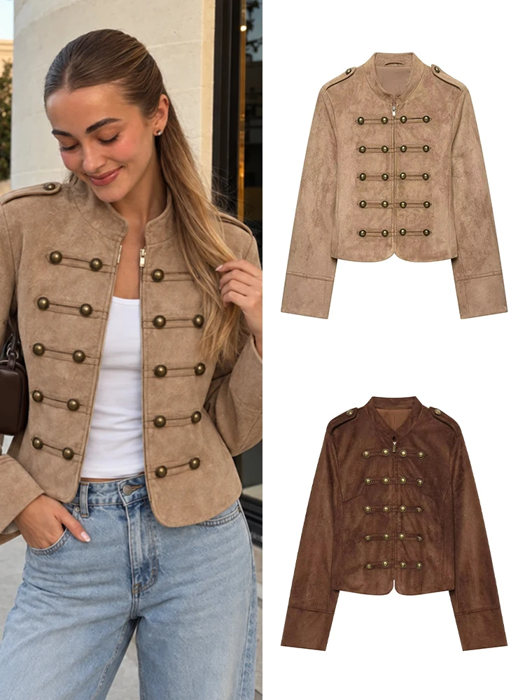 HH Women Vintage Faux Suede Long Sleeve Stand Collar Outerwear Metal Button Decor Zipper Placket Jacket Autumn Chic Outing Coat