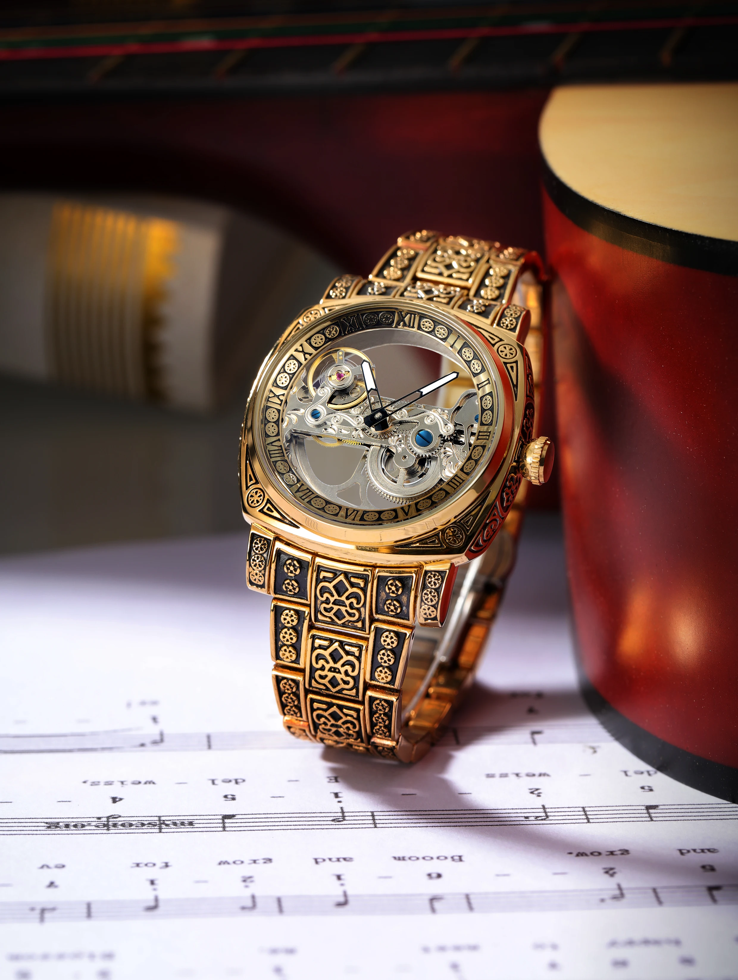 Forsining خمر نحت ساعات رجالي فاخرة التلقائي الميكانيكية ساعة اليد مقاوم للماء الهيكل العظمي مؤشرات مضيئة ساعة الذكور