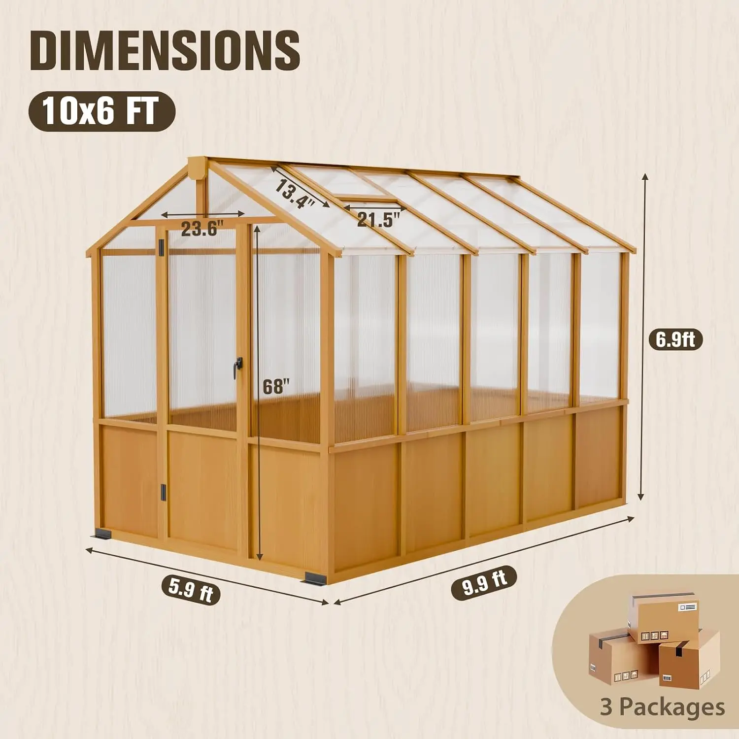 6x10ft Cedar Wood Greenhouse with Roof Vents, Outdoor Greenhouse Kit, Weather Resistant Plant Garden House, Natural, Custom