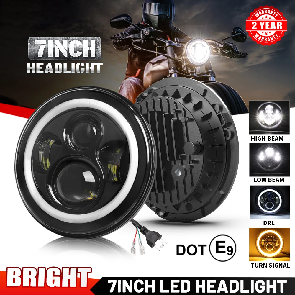 7inch Led headlight DOT E9 Halo Ring White Yellow DRL Angel Eye For Motorbike Moto SUV ATV High Low Beam Headlamp 12V 24V