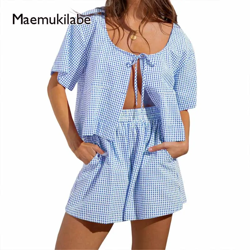 Maemukilabe Women Cute 2 Piece Outfits Short Sleeve Tie-up Front Blouse Shirt Tops + Shorts Matching Set Vintage Streetwear