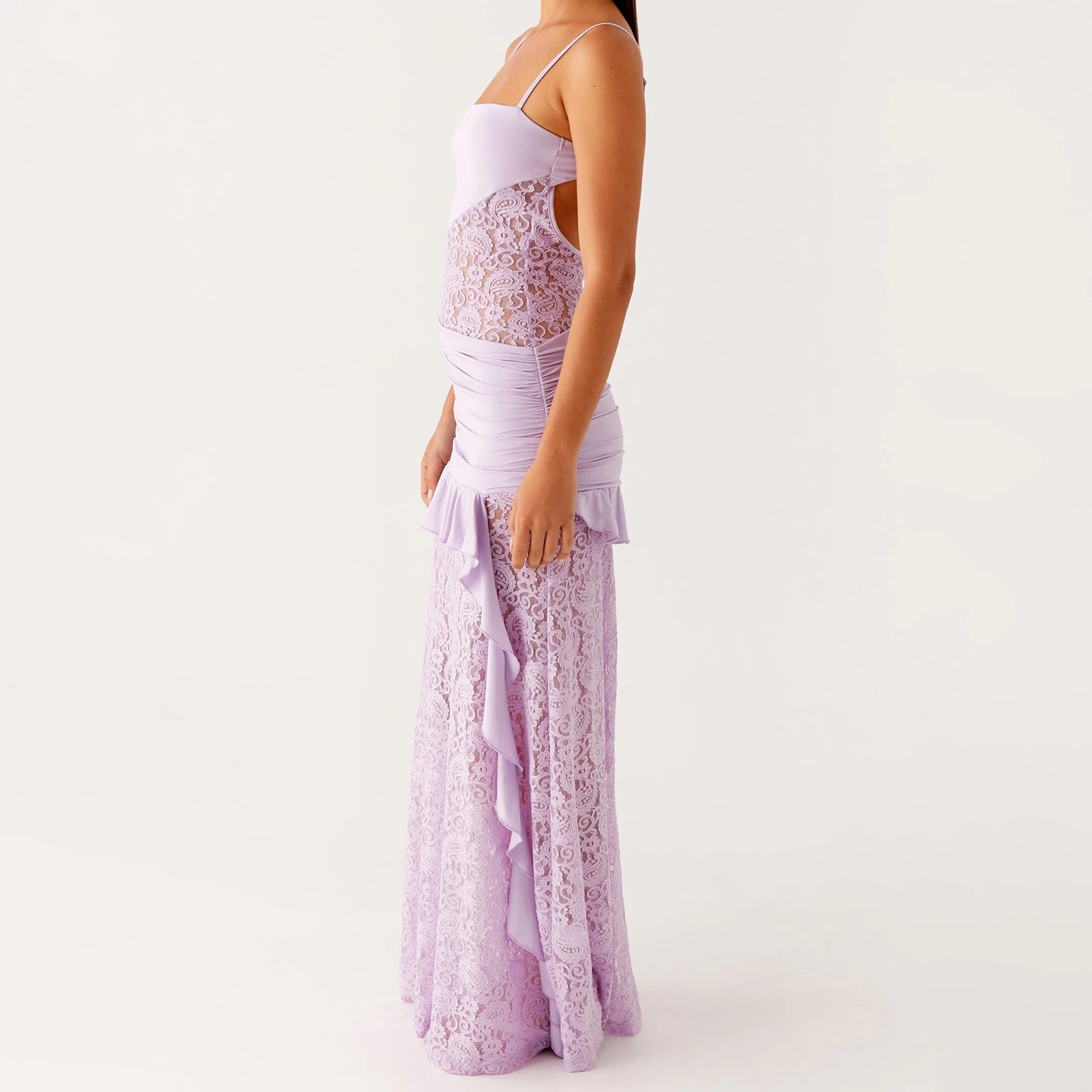 คุณภาพพรีเมี่ยมหรูหราVestidos 2025 ผู้หญิงยาวSlim Camiชุดแขนกุดไม่สม่ําเสมอRuffle Trimลูกไม้Patchworkชุด