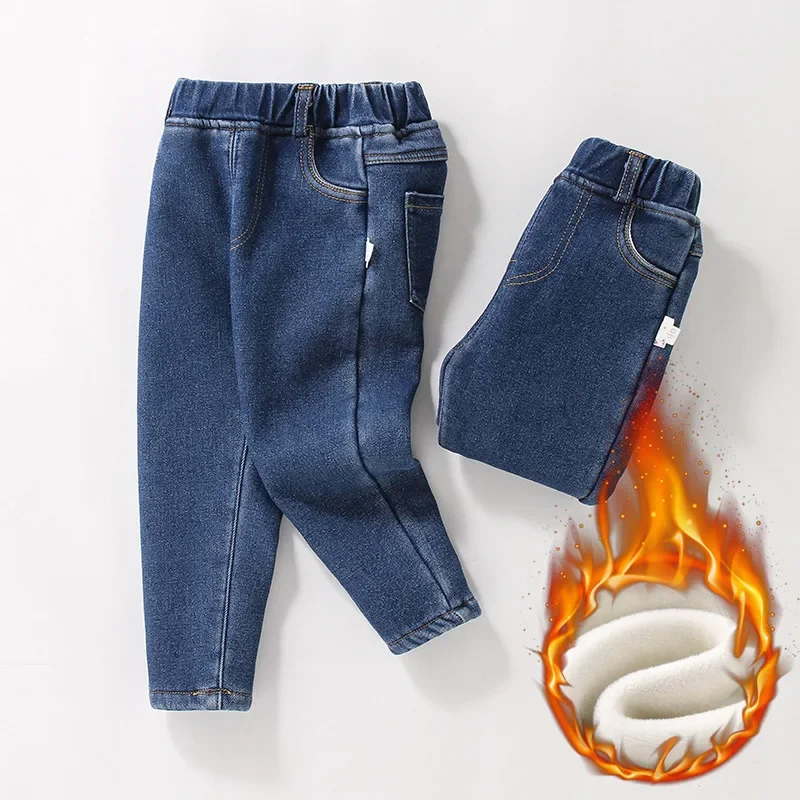 Children Jeans Boys Velvet Pants Kids Autumn Winter Girls Composite Integrated Pile Solid Color Denim Jeans Factory Direct Sales