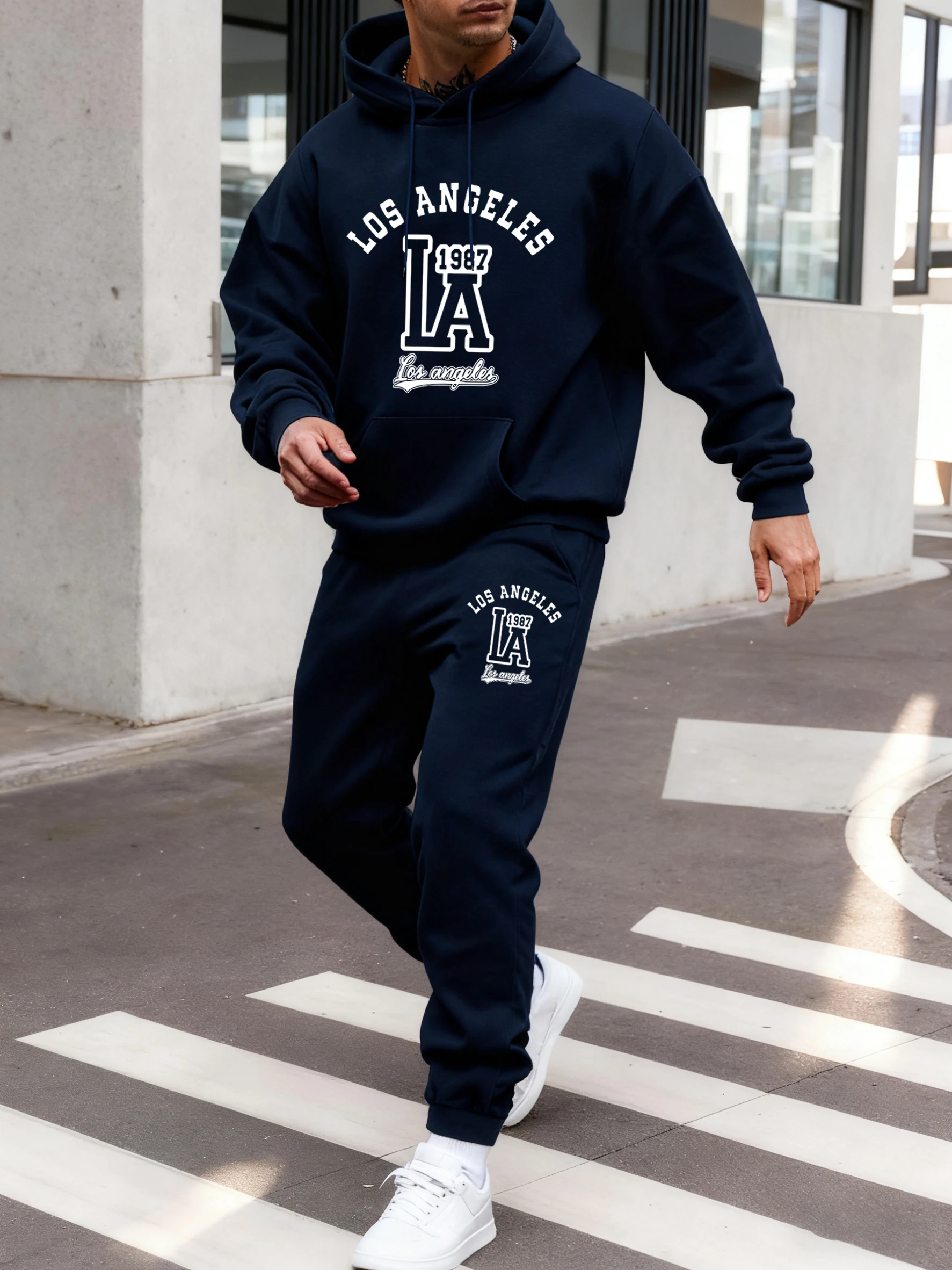 

Los Angeles Letter Print New Tracksuit Men Fleece Pocket Hoodie Suit Jogging Casual Sweatpant Loose Street Clothes 2 Piece Set