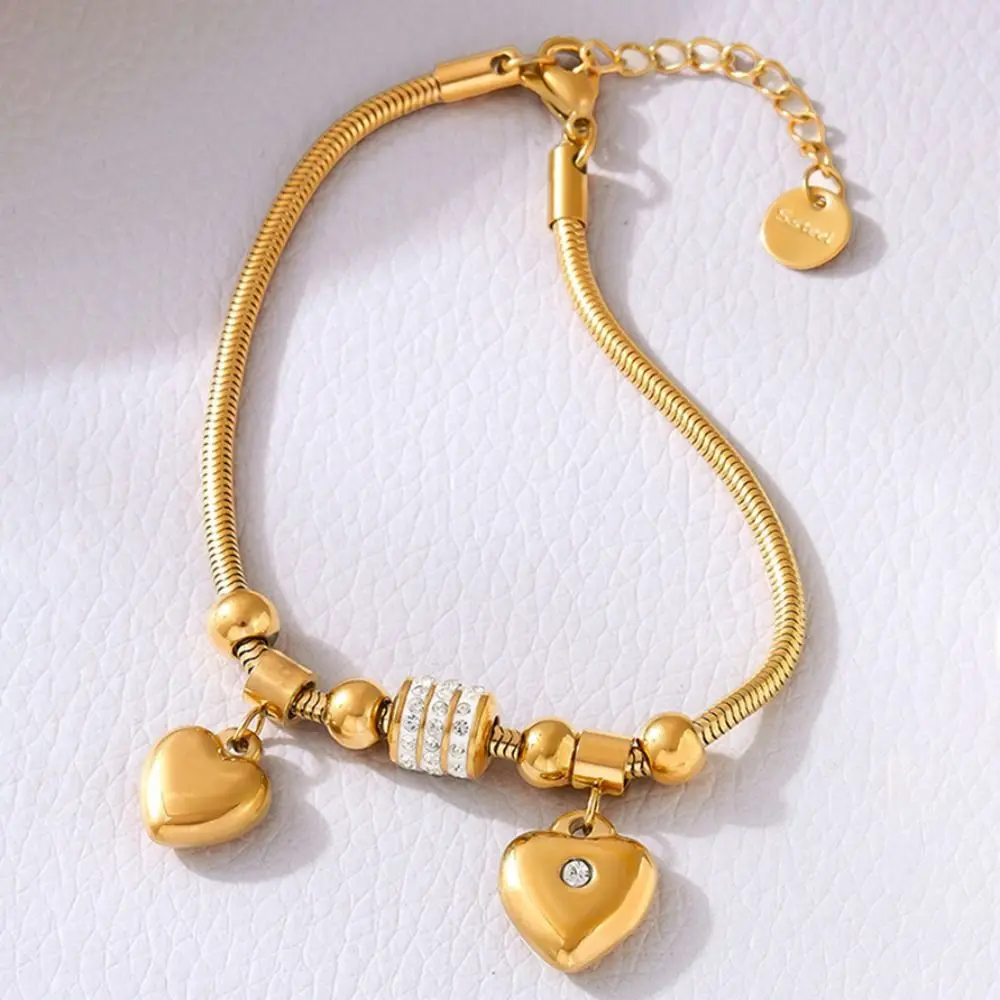 Ins Bead Heart Pendant Bracelet Waterproof Rhinestone Women Hand Ring Stainless Steel Golden Ornament