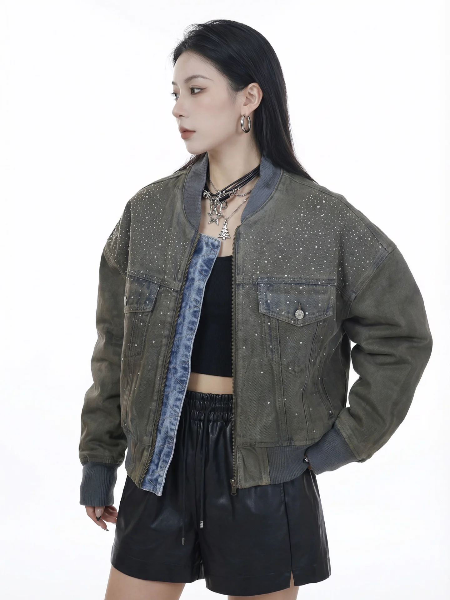 

BW Vintage Lazy Wa American Sle Loose Workwear ort Olive Denim Jaet Thiened Cotton Outerwear for Women