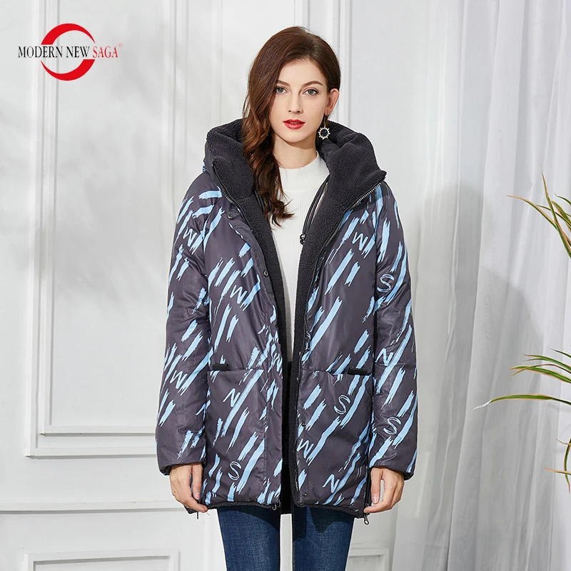 MODERN NEW SAGA Winter Women Jacket Reversible Jacket Thick Cotton Padded Jacket Winter Coat Hooded Parka Ladies Puffer Jacket