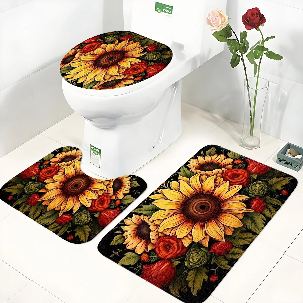 

Набор для ванной комнаты из трех предметов с принтом подсолнухов и роз: фланелевый коврик для унитаза + напольный коврик + U-образный коврик для ног, нескользящий, впитывающий, моющийся, яркий цветочный стиль, набор для декора ванной комнаты