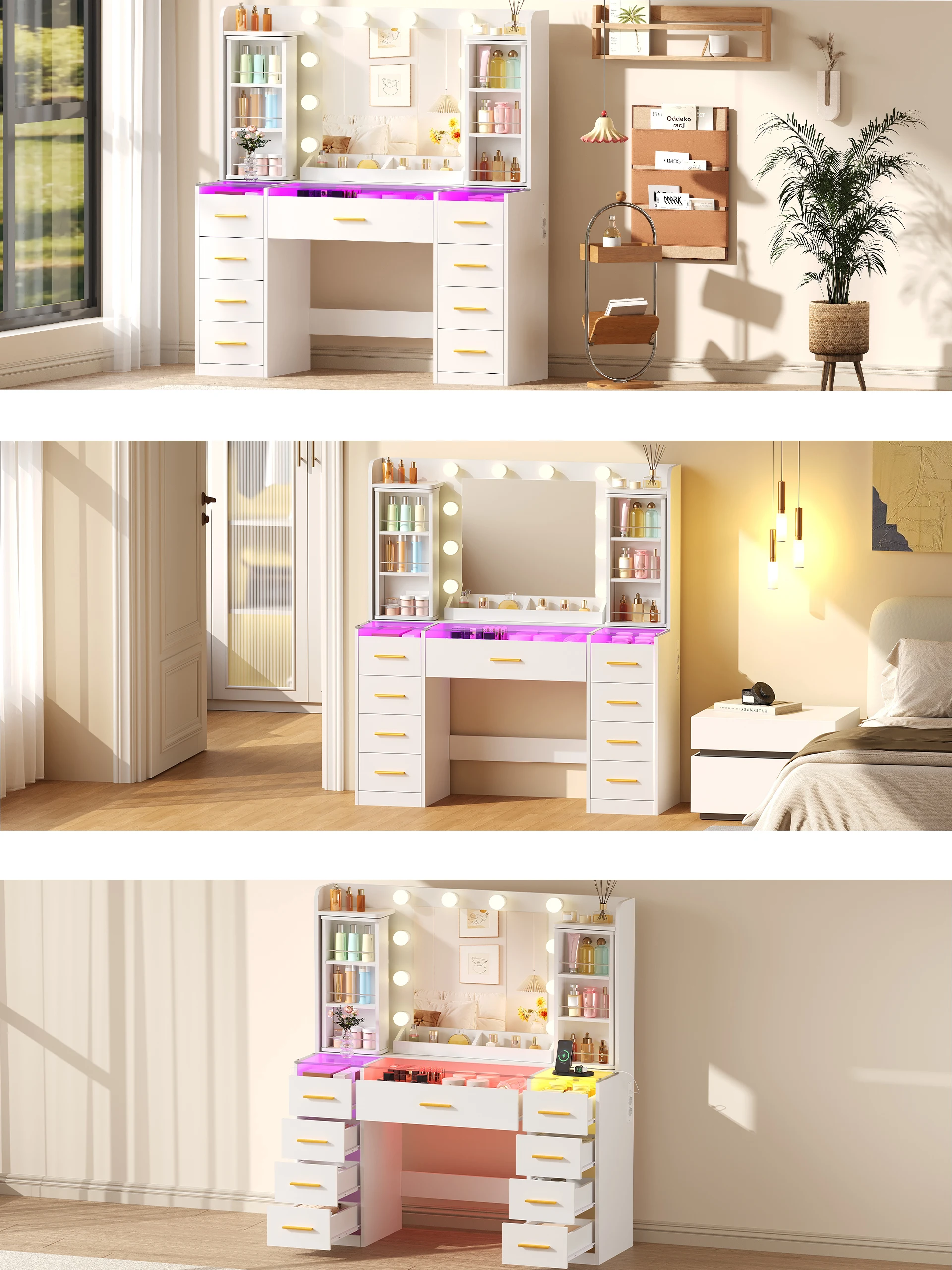 Schminktisch mit beleuchtung，Schminktisch mit Glasplatte, Steckdose und USB-Anschluss, 9 Schubladen, 105x40x140 cm, weiß