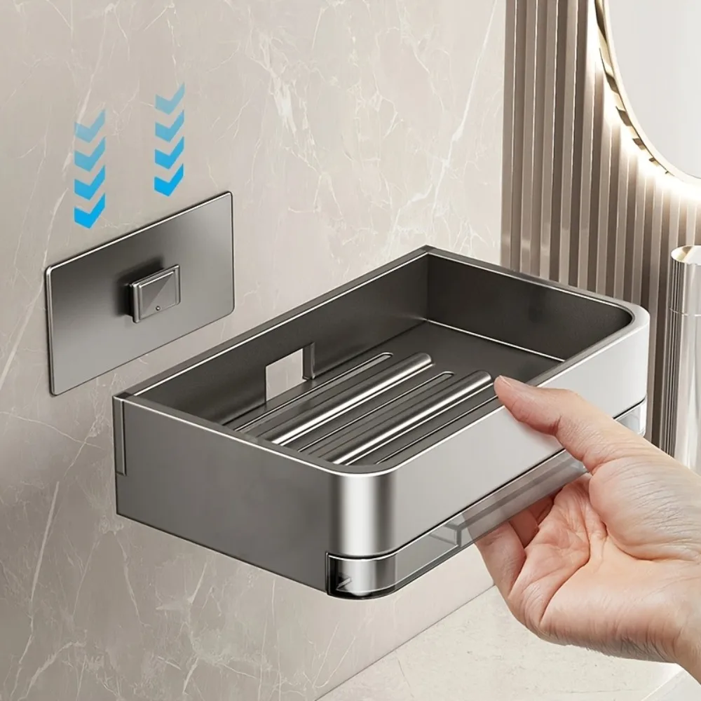 1PC No Drill Wall Mounted Soap Dish Holder Draining Design Aluminum Alloy Soap Holder with Tray Easy Clean Bathroom Accessories