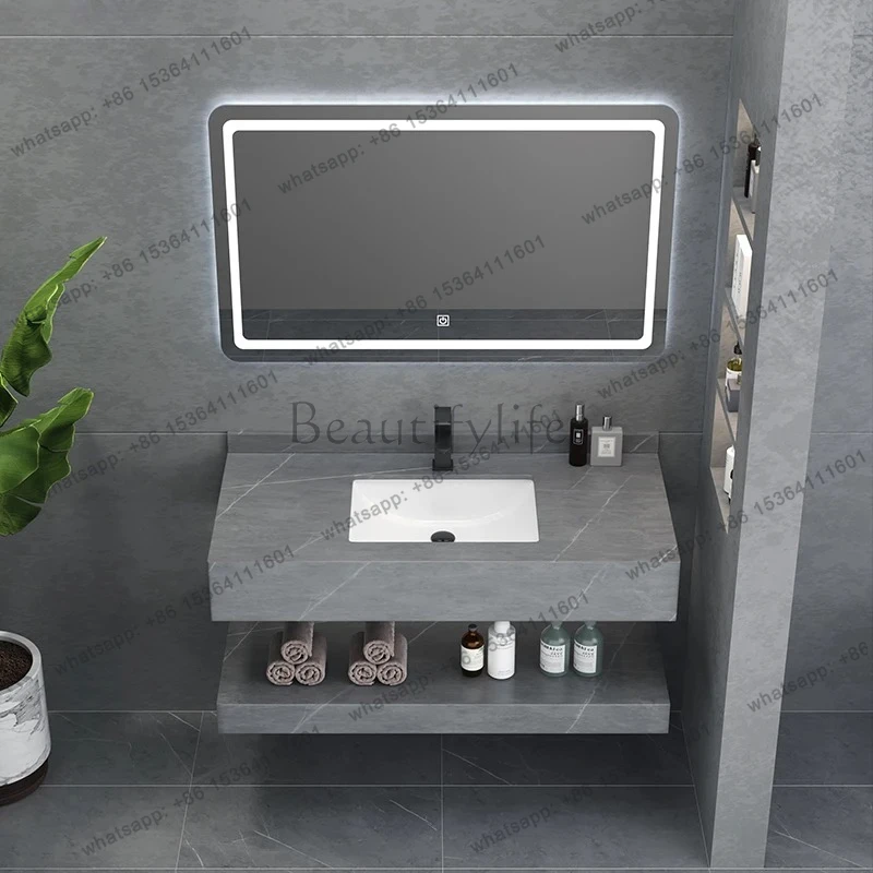 Double Layer Rock Plate Wall Mounted Wash Basin Bathroom Cabinet Combination Washstand Household Marble Wash Basin
