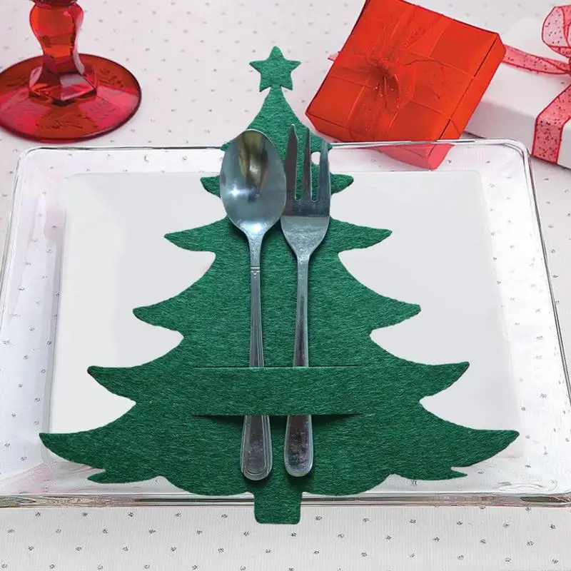 4pcs Christmas Tree Pocket Fork Knife Cutlery Holder Xmas Tree Cutlery Bag Christmas Ornament Home Tableware Table Decor