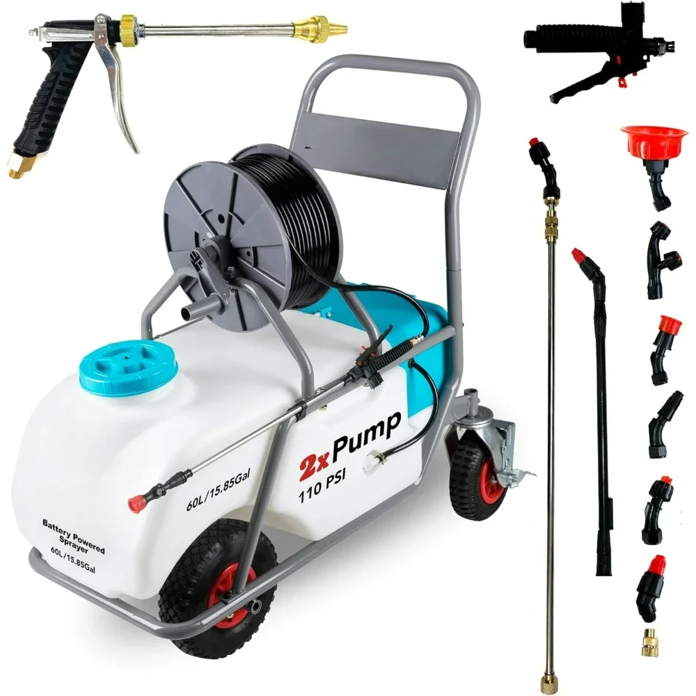 Battery Powered Sprayer, Double Professional Pump with Adjustable HD Wand and Nozzles, Portable Pushcart Sprayer with Wheels