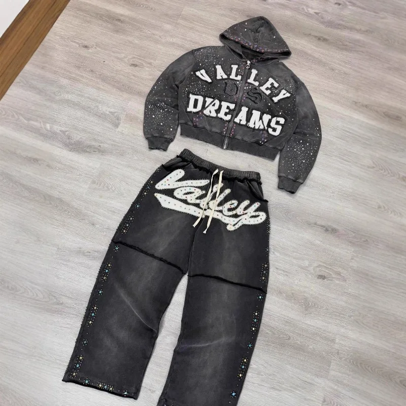 

2026 New Gothic High Street Fashion Heavy Decoration Hoodie Sweatpants Set Худи Y2k Casacos Masculino Moda Hombre Streetwear