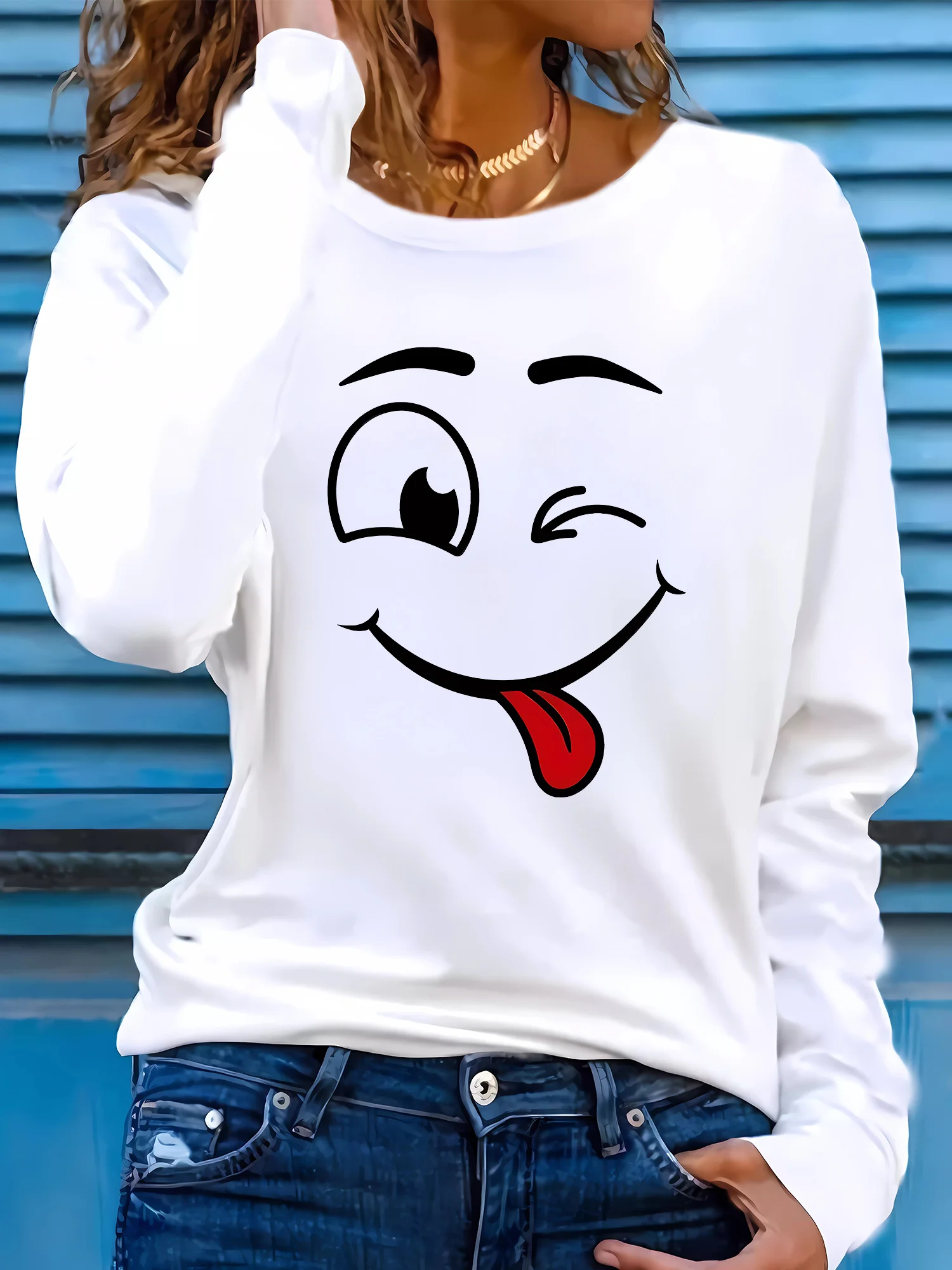 Women's Spring and Autumn 100% pure cotton fashionable casual loose fun expression pack printed round neck long sleeved T-shirt