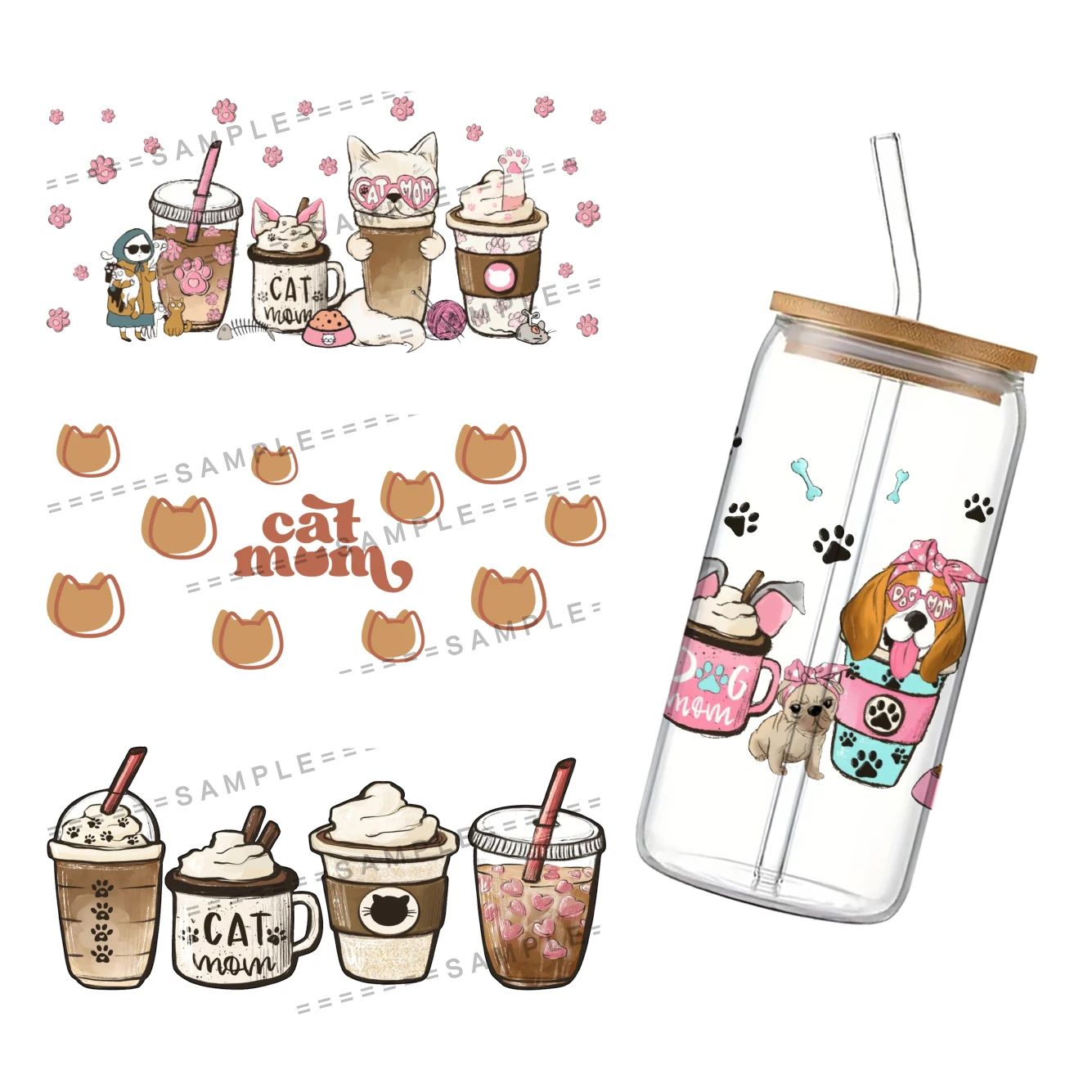 Pets Pattern UV DTF Cup Wrap for 16Oz Libbey Cats Dogs Glass Can DIY Transfer Sticker