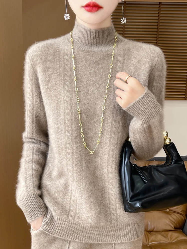 

Women's Pullovers 100% Merino Wool Knitwear Contrast Color Semi-High Neck New Arrivals Twist Flower Slim Fit Bottoming Sweater