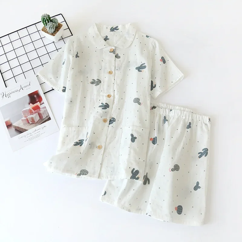 New ladies 100% cotton short-sleeved ladies pajamas suit shorts cute cartoon printing Japanese style simple pajamas home service